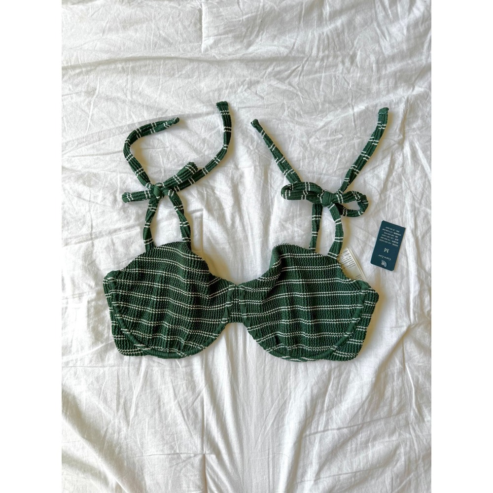Abercrombie & Fitch Curve Love Hunter Green Striped Smocked Bikini Top Womens M